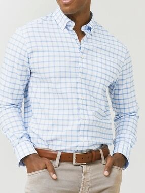 Mens JOHNNIE-O Roosevelt Performance Button Down Shirt Top White Blue Large